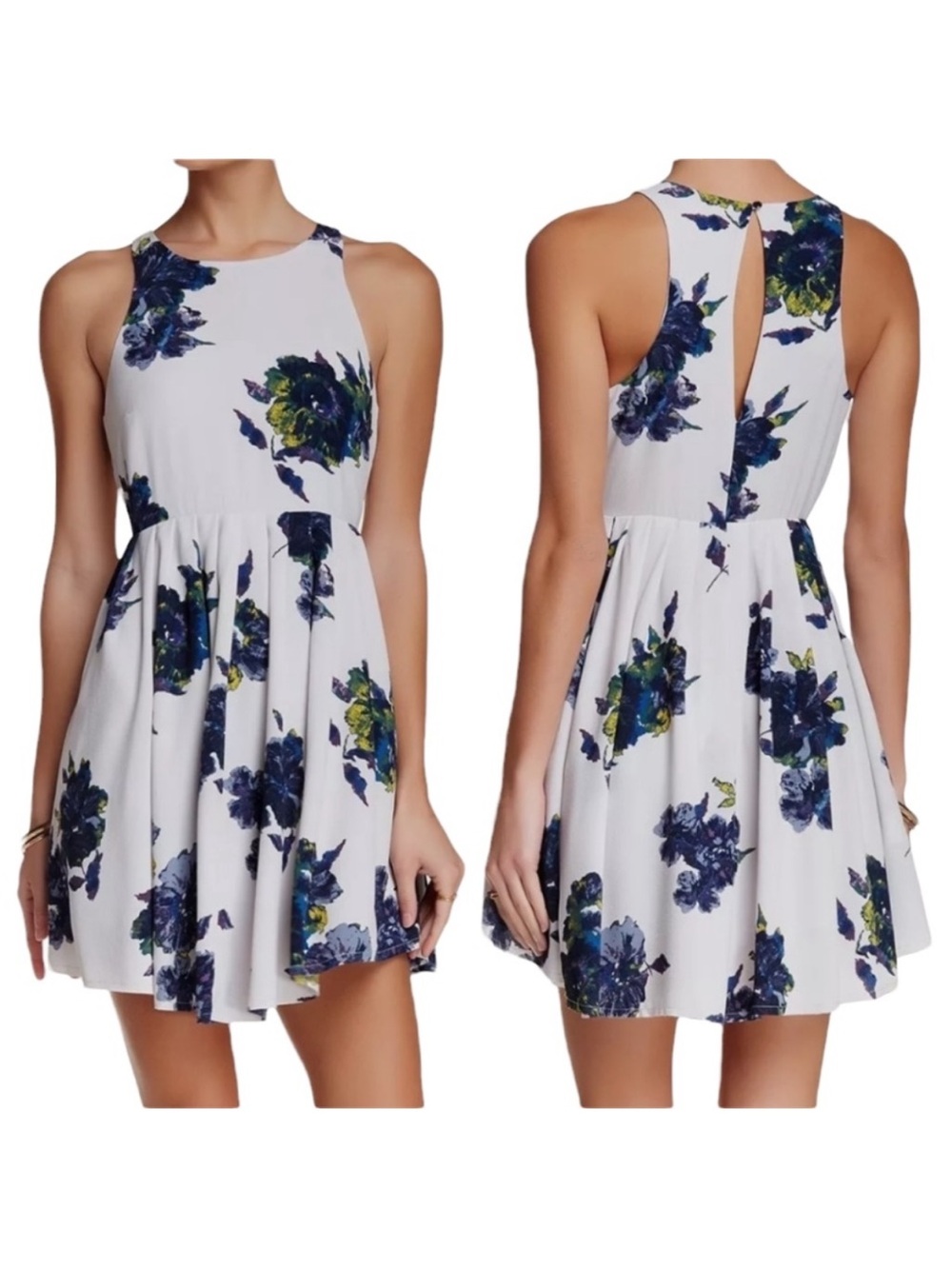 Free People White Midi Dress with Navy & Olive Floral Print